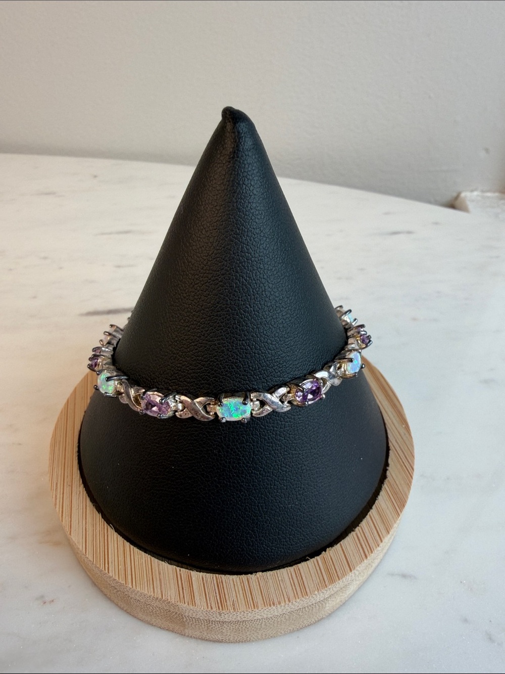 Vintage 925 Sterling Silver Opal & Amethyst Link Bracelet